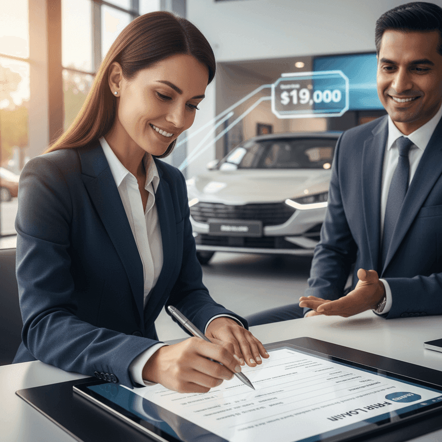  Modern car buyer confidently finalizing loan documents