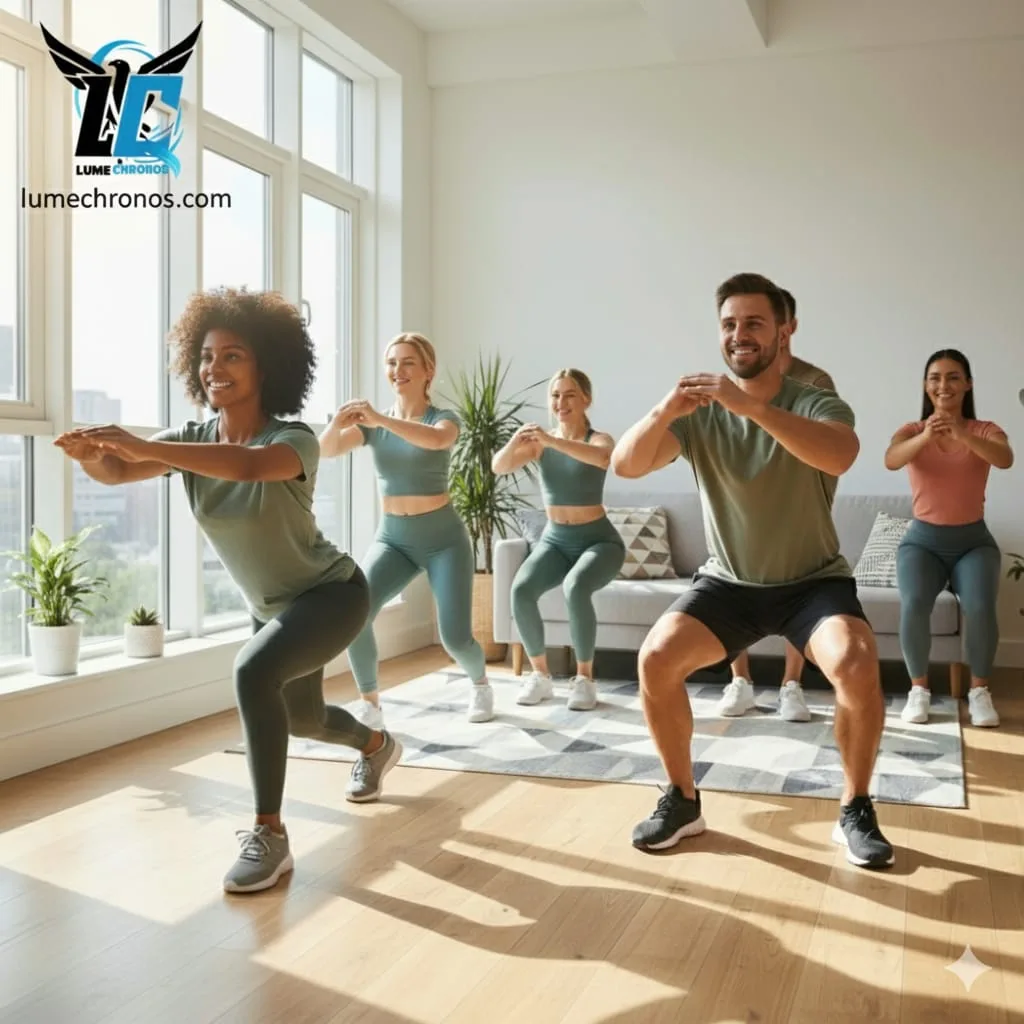 A diverse group of friends enjoying a fun and effective home leg workout with no equipment in a sunny living room.