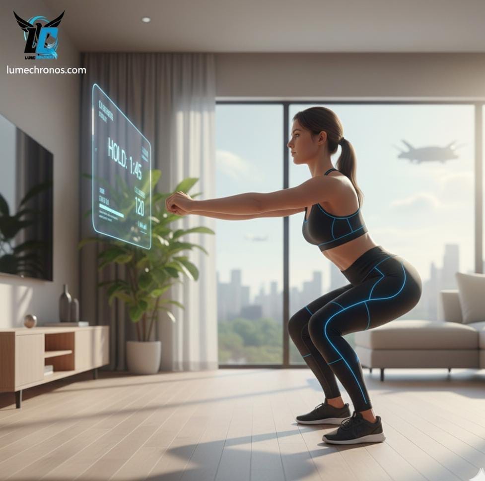  Woman holding a deep static squat hold to build leg endurance in a 2025 home workout.