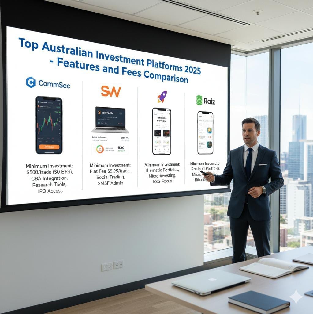 "Comparison of CommSec, SelfWealth, Spaceship and Raiz investment platforms in Australia