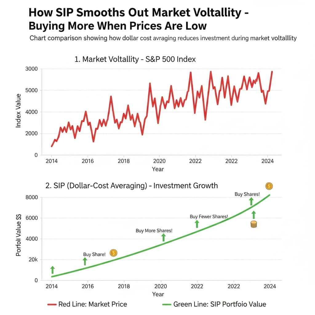 "Chart comparison showing how dollar cost averaging reduces investment risk during market volatility"