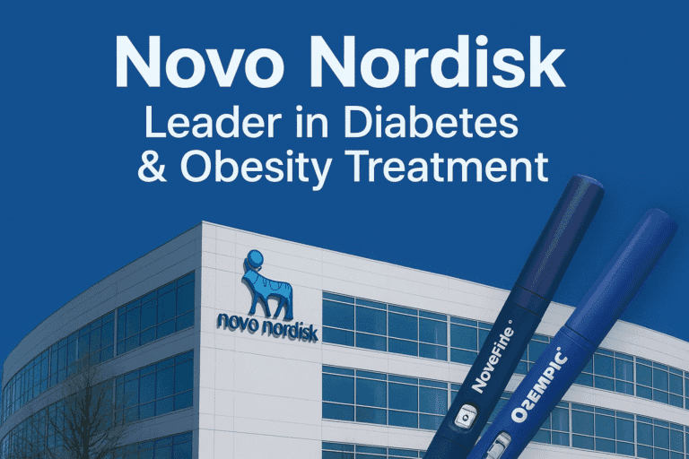 “Novo Nordisk headquarters with NovoPen and Ozempic insulin pens – leader in diabetes and obesity treatment.”