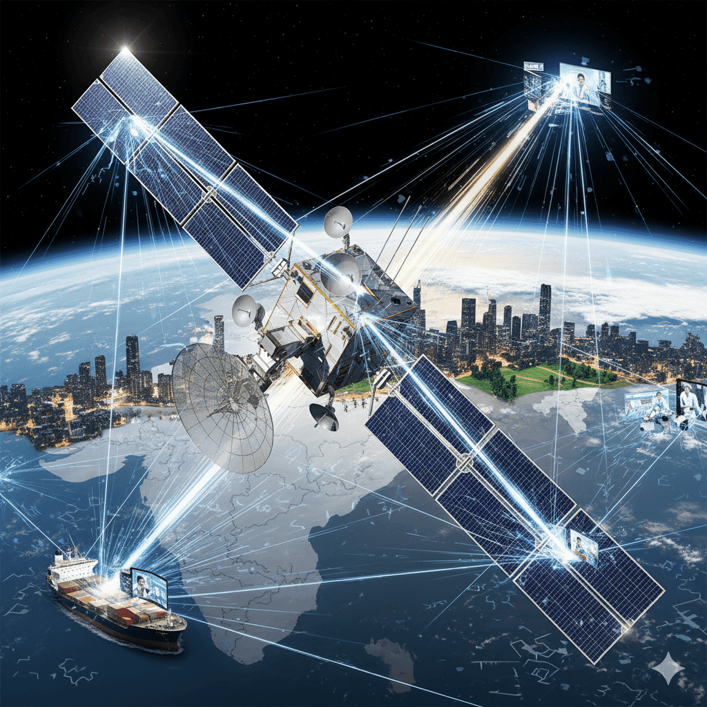 Conceptual map showing the enhanced communication and data coverage provided by the ISRO CMS-03 satellite over India and maritime regions.