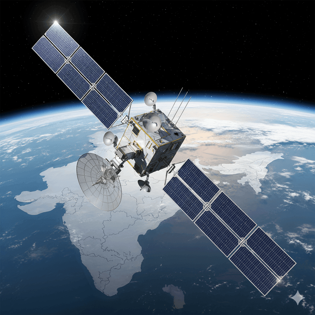 ISRO's CMS-03 (GSAT-7R) multi-band communications satellite in geostationary orbit over Earth.