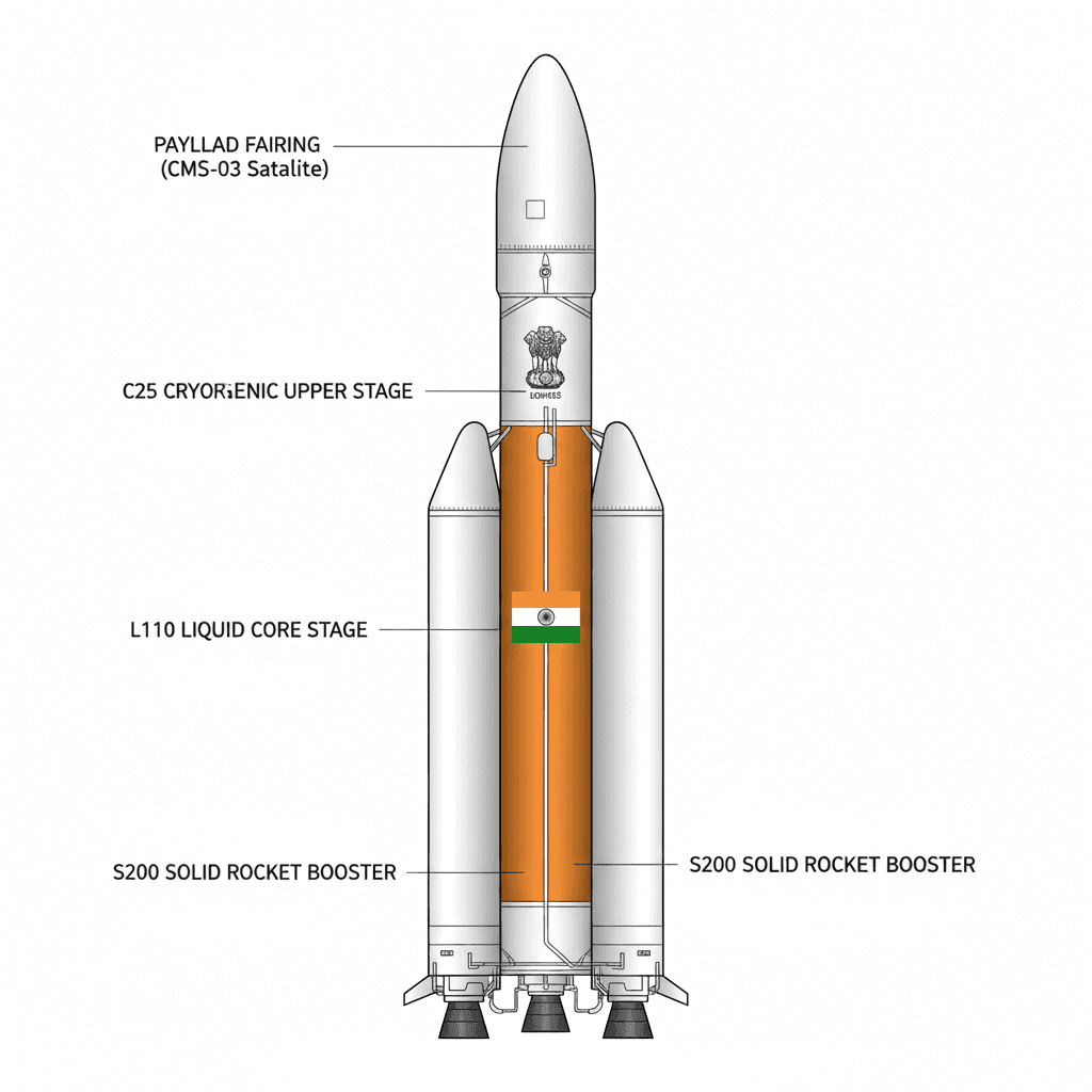 Labeled diagram of the ISRO LVM-3 (GSLV Mk III) rocket showing its S200 boosters, L110 core, and C25 cryogenic stage.