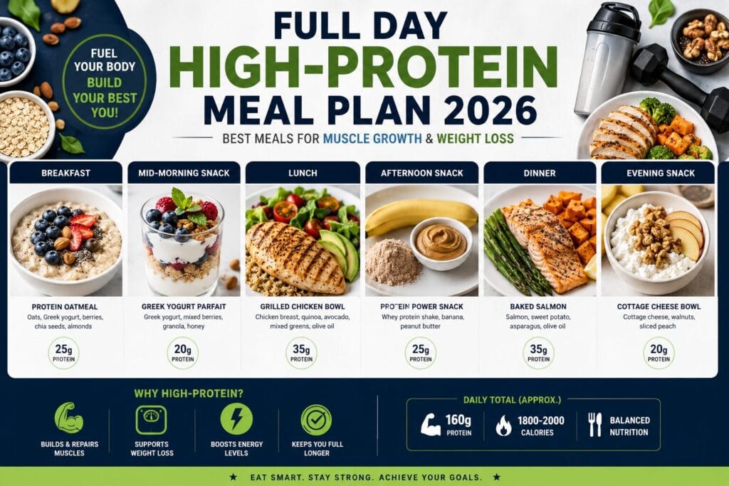 Full Day High-Protein Meal Plan 2026: Best Meals for Muscle Growth & Weight Loss