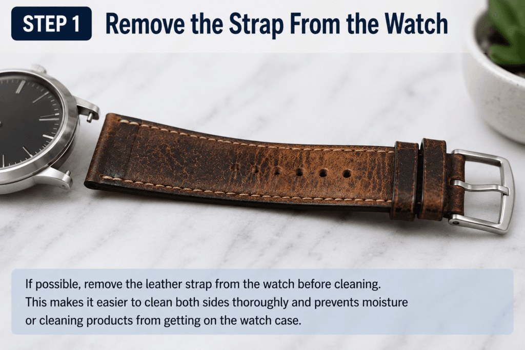 remove a leather watch strap from the watch before cleaning
